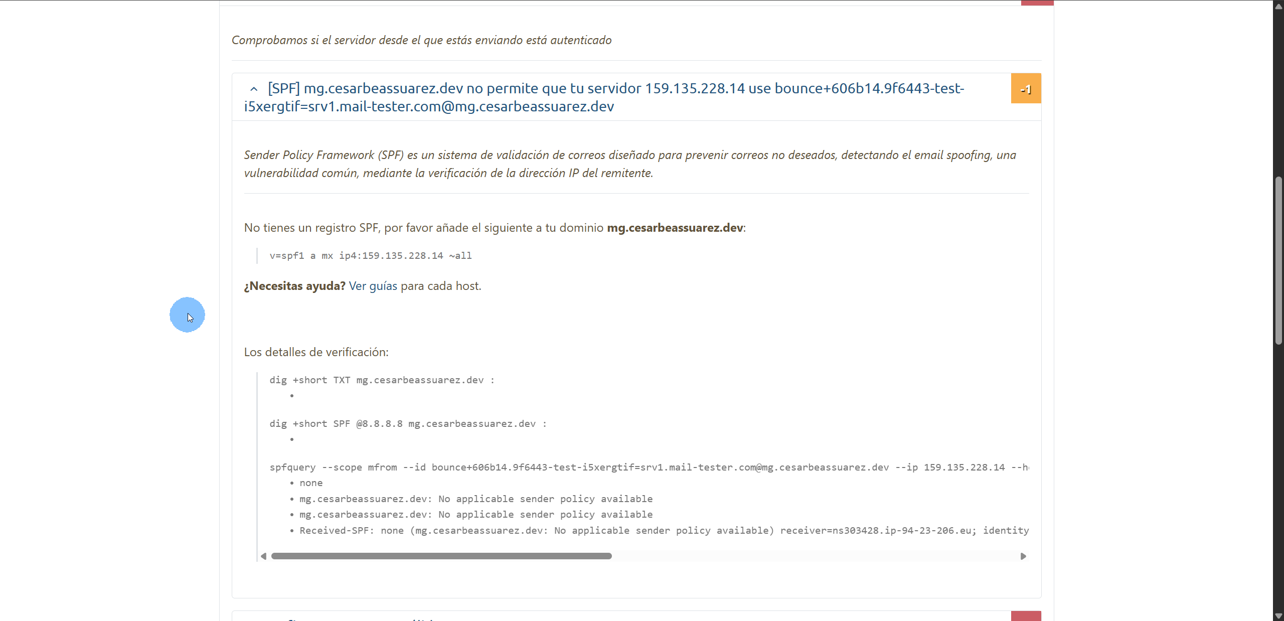 Resultado en mail-tester.com, detalles de sección firma DKIM no es valida