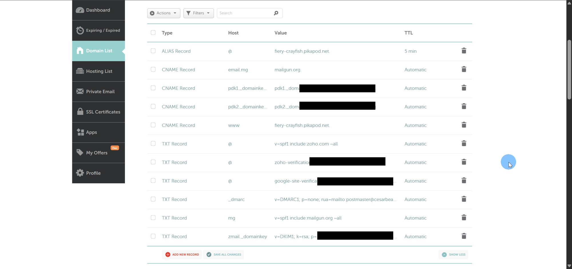 Panel de DNS en Namecheap con múltiples registros antiguos antes de la migración