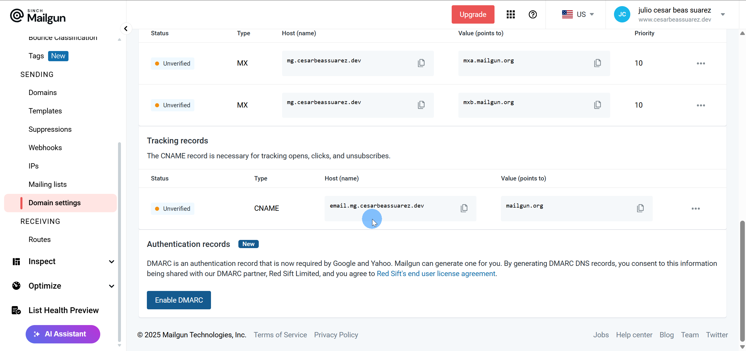 Panel de Mailgun mostrando registros DNS no verificados aún.