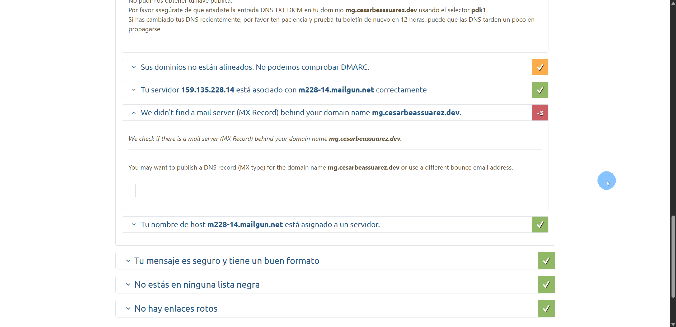 Resultado en mail-tester.com, detalles de sección sobre registros MX