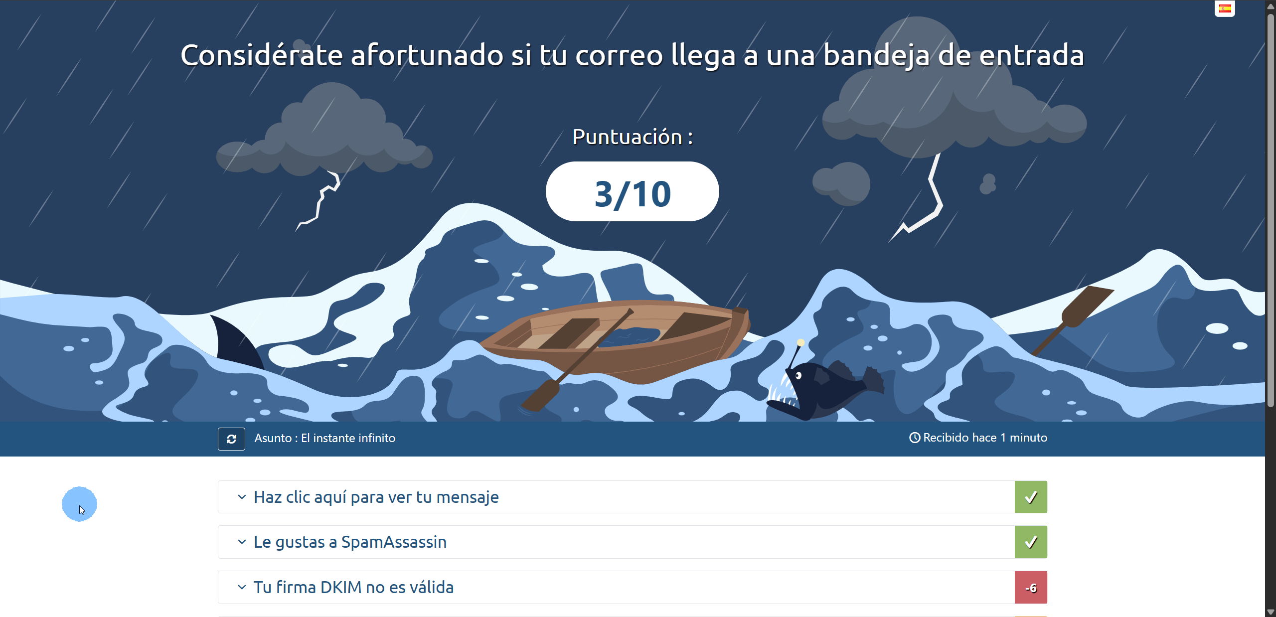 Resultado de Mail-Tester mostrando puntuación de spam 3 sobre 10