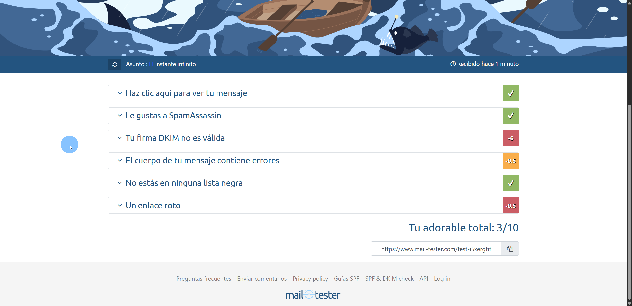 Resultado de Mail-Tester detalles