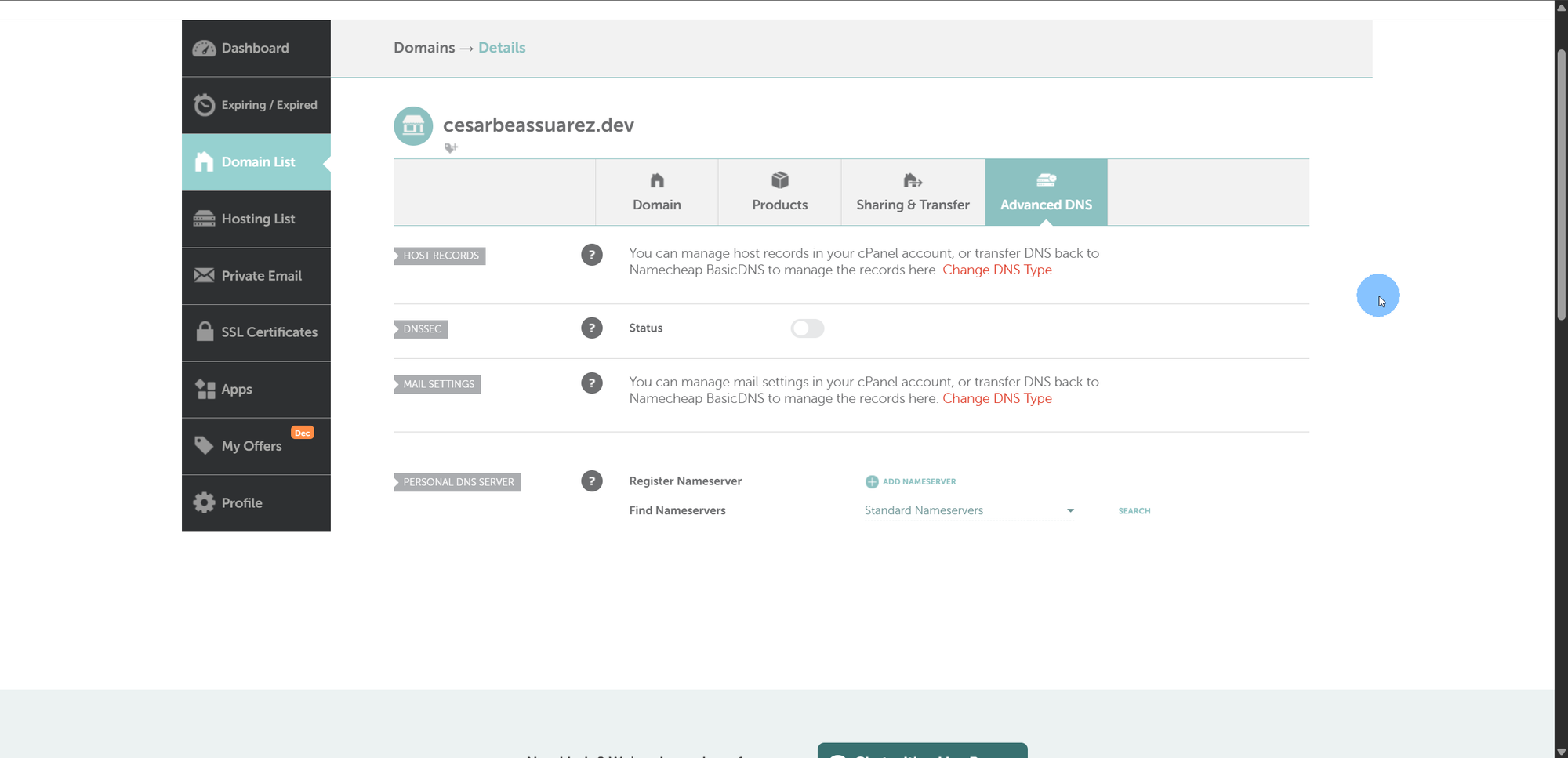 Panel de DNS en Namecheap sin registros luego de la migración