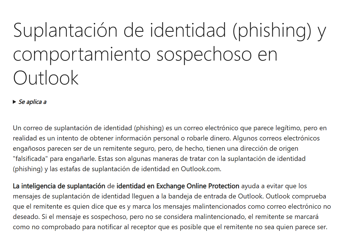 Explicación de Microsoft sobre suplantación de identidad y correos sospechosos en Outlook