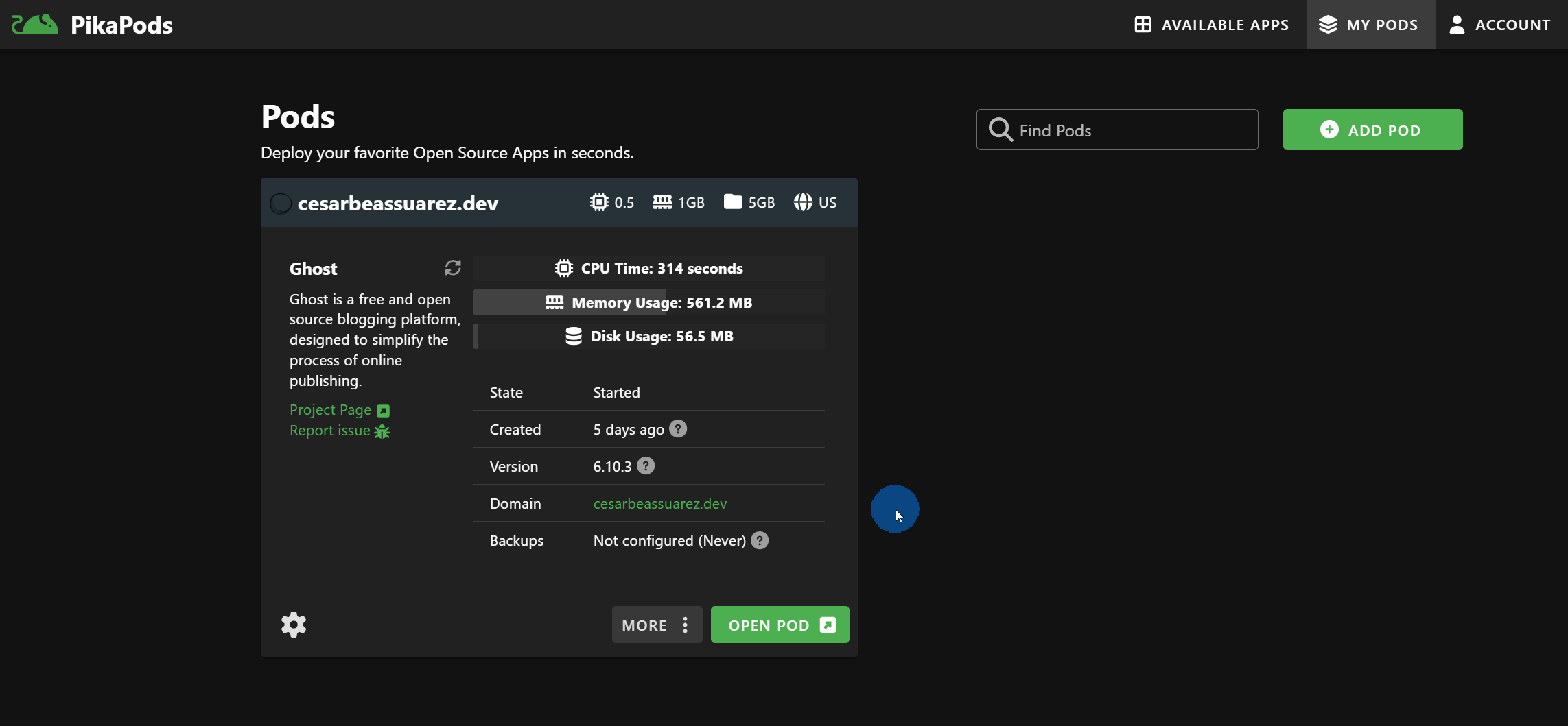 Panel de PikaPods mostrando el pod de Ghost en ejecución y consumo de recursos