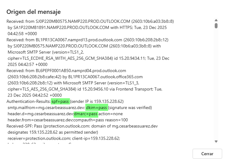 Headers de correo después de la corrección mostrando SPF pass, DKIM pass y DMARC pass