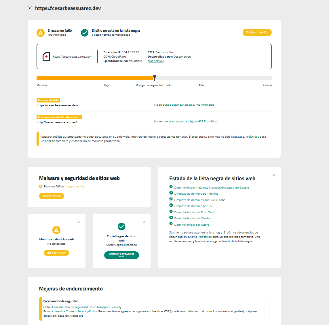 Herramienta de análisis de seguridad mostrando error 403 Forbidden al intentar escanear cesarbeassuarez.dev protegido por Cloudflare