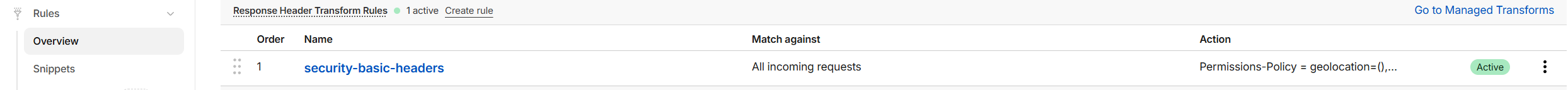 Panel Cloudflare Response Header Transform Rules mostrando regla activa security-basic-headers aplicada a todas las peticiones con Permissions-Policy configurado