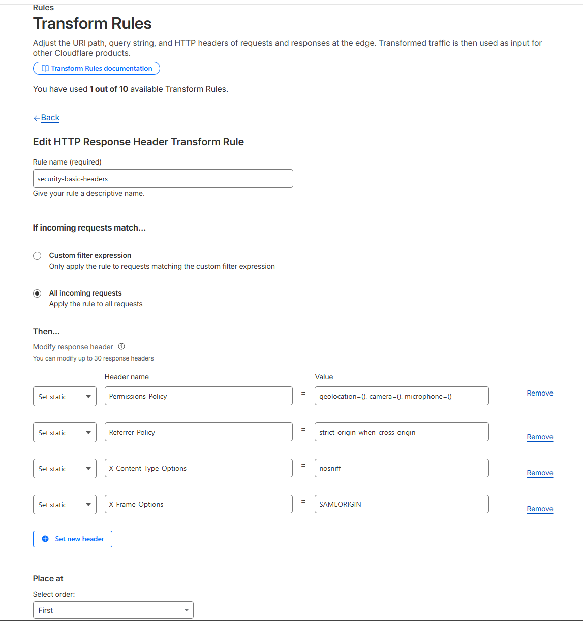 Panel de configuración Cloudflare Transform Rules mostrando implementación de headers Permissions-Policy, Referrer-Policy, X-Content-Type-Options y X-Frame-Options