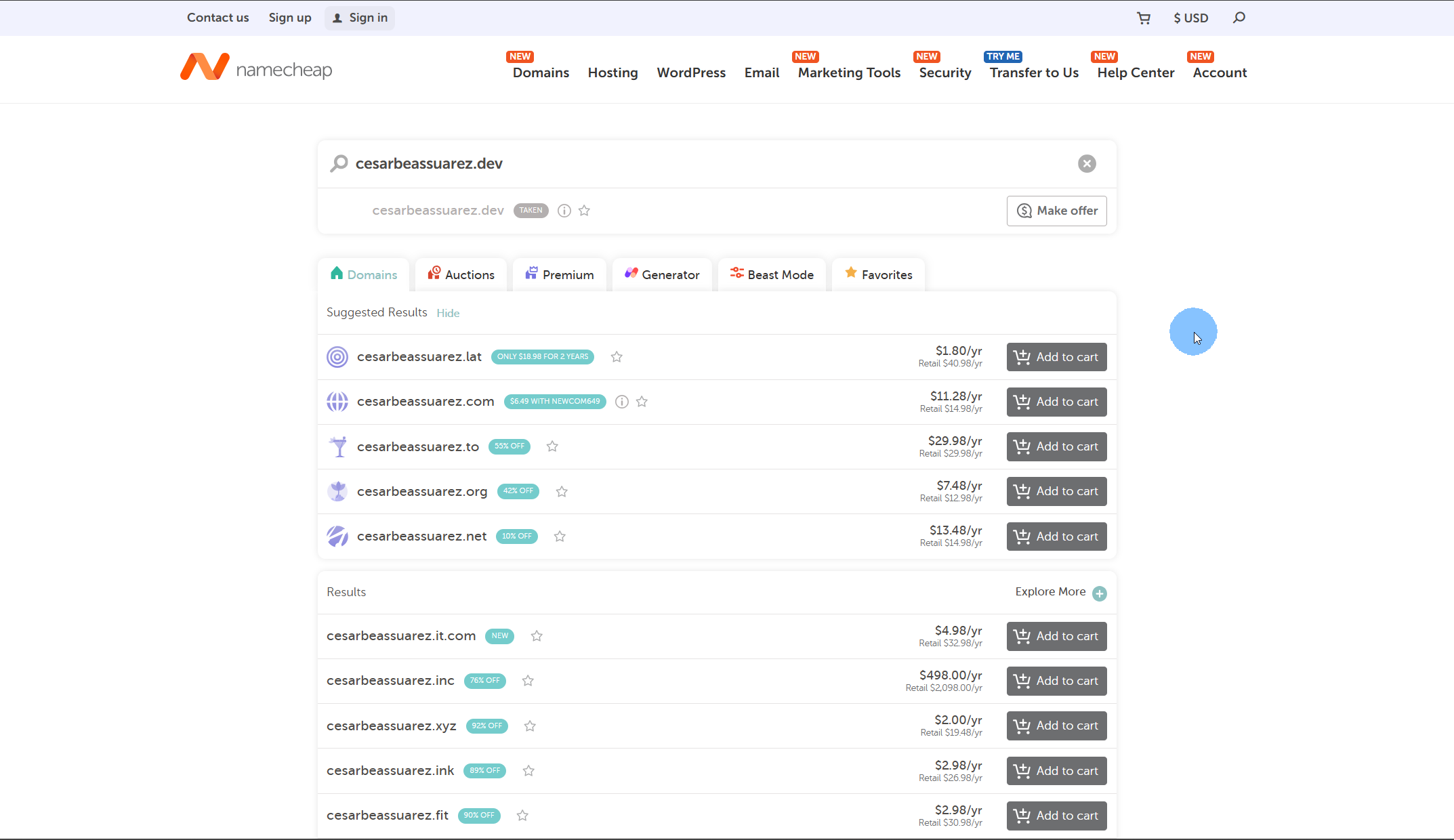 Búsqueda del dominio cesarbeassuarez.dev en Namecheap