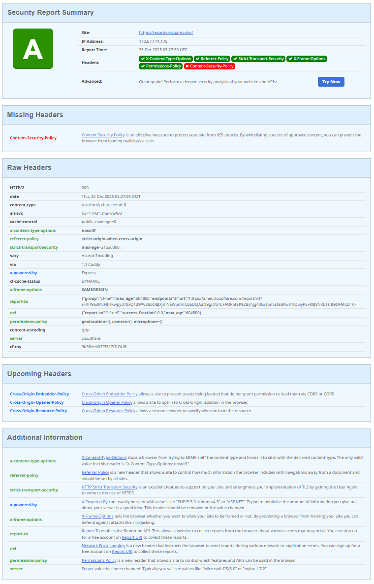 SecurityHeaders report mostrando mejora de calificación D a A con headers implementados correctamente y solo CSP pendiente