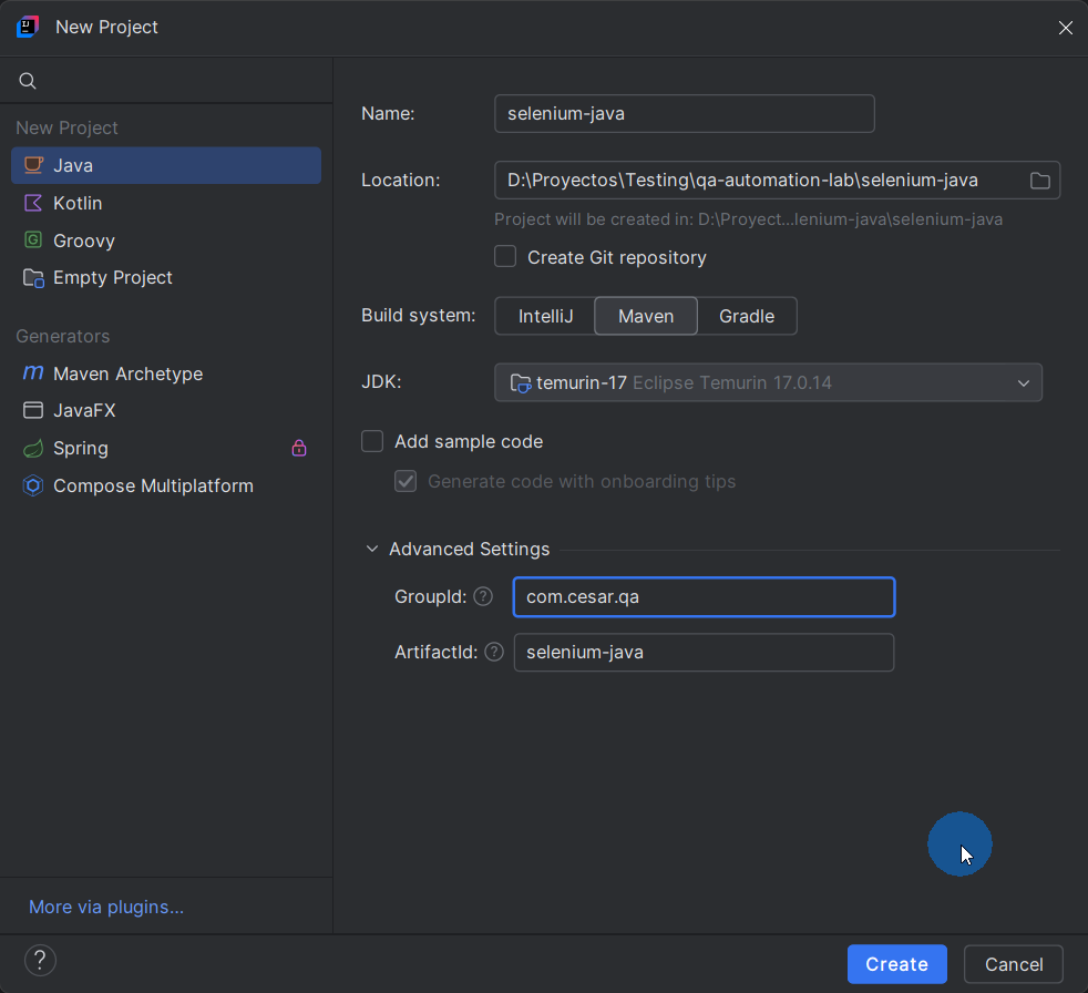 Diálogo New Project en IntelliJ IDEA configurando proyecto Java con Maven, JDK Temurin-17, GroupId com.cesar.qa y ArtifactId selenium-java