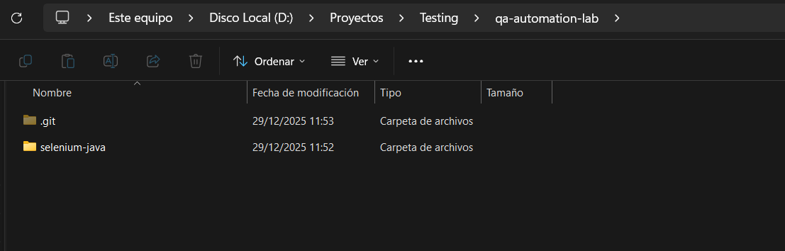 Explorador de archivos Windows mostrando estructura qa-automation-lab con carpetas .git y selenium-java creadas el 29 de diciembre 2025