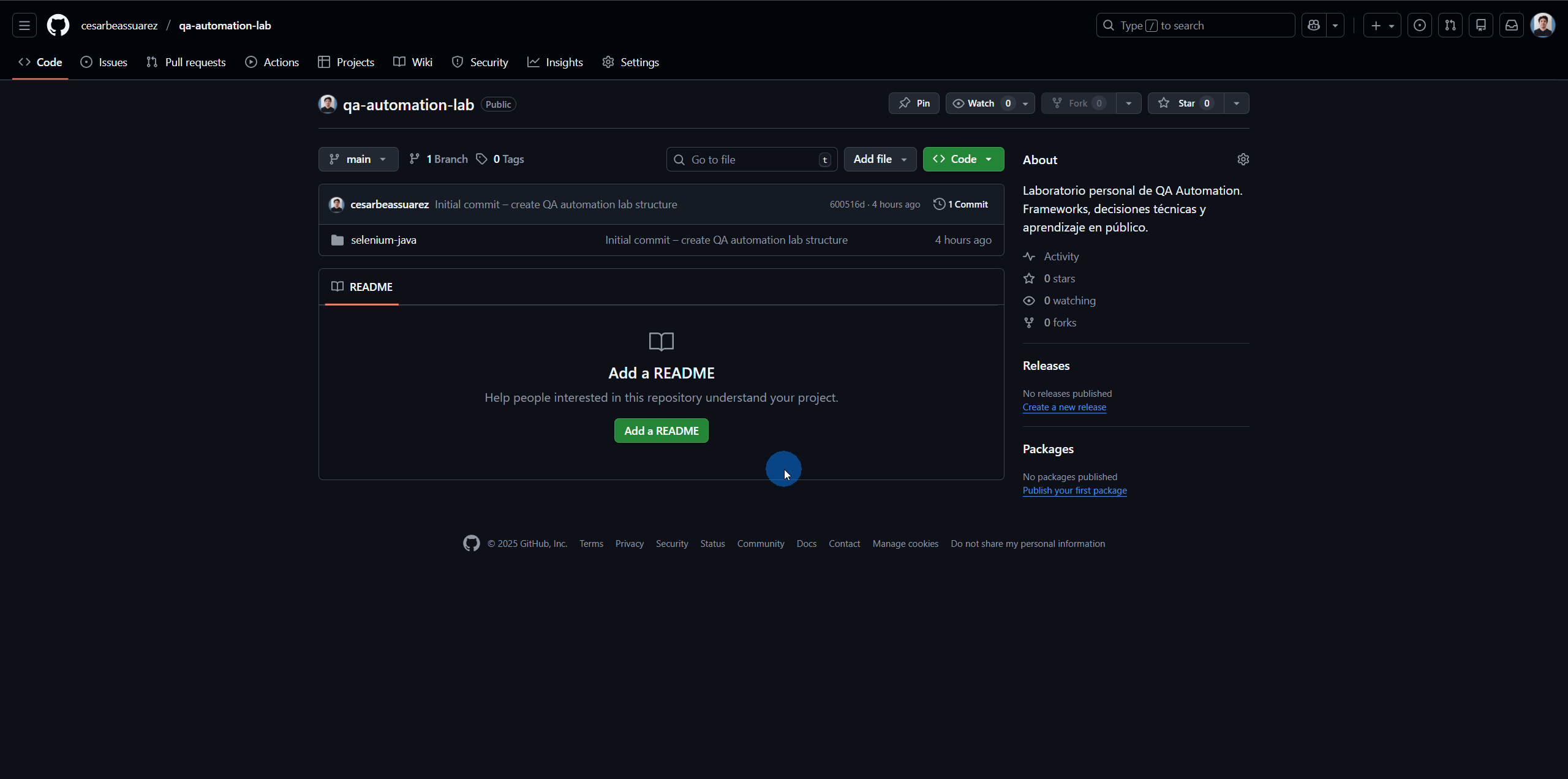Repositorio GitHub qa-automation-lab mostrando README con descripción de laboratorio público de QA Automation para Selenium, Cypress y Playwright