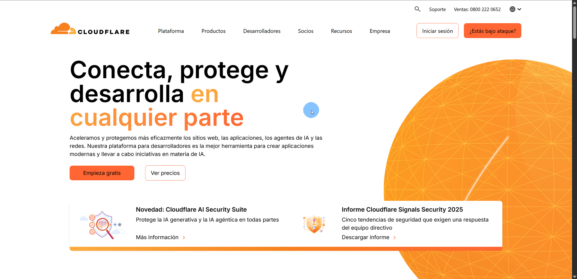 Página principal de Cloudflare como capa de seguridad y control del sitio