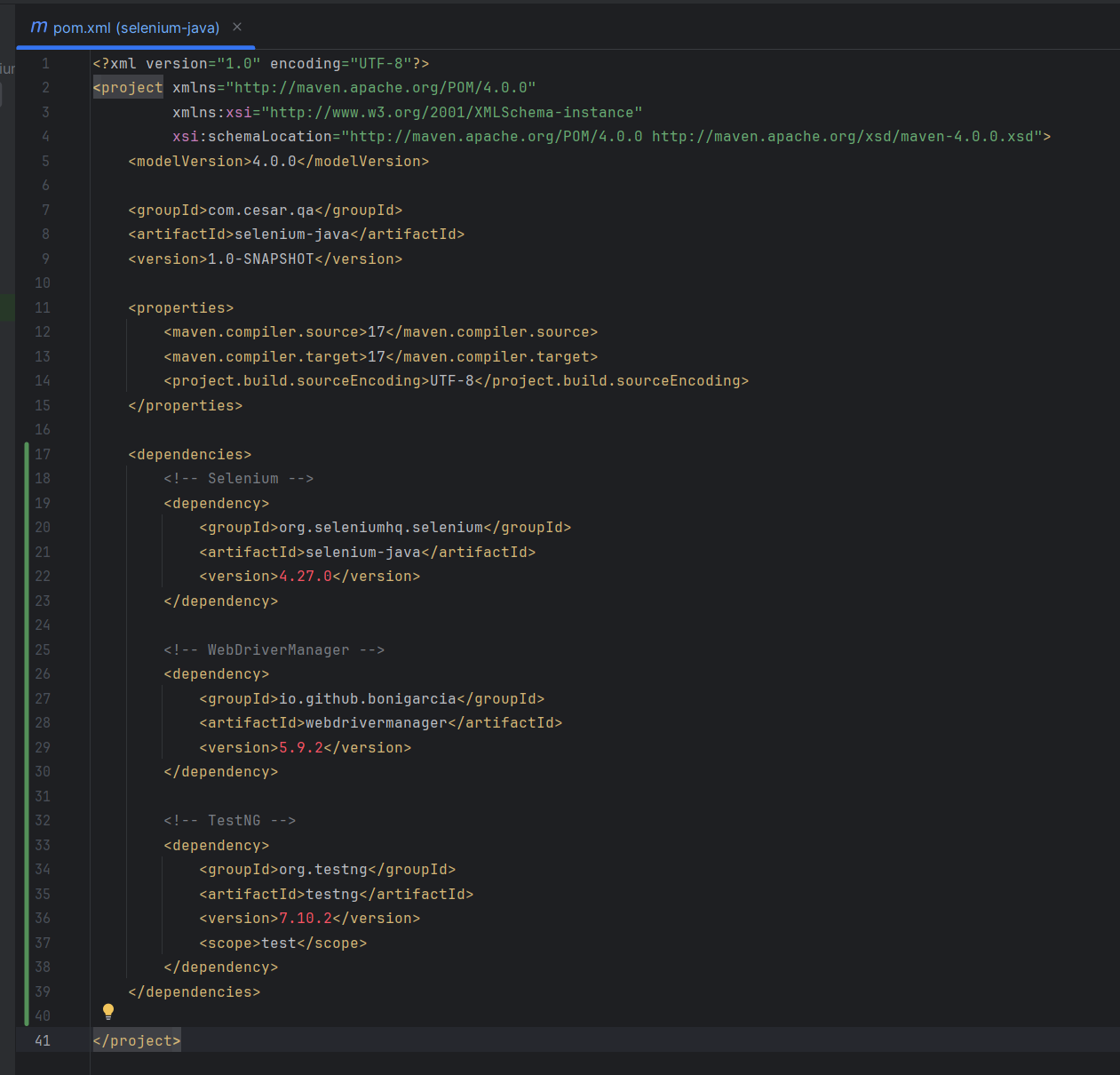 Archivo pom.xml en IntelliJ mostrando dependencias Maven agregadas para Selenium versión 4.27.0, WebDriverManager 5.9.2 y TestNG 7.10.2