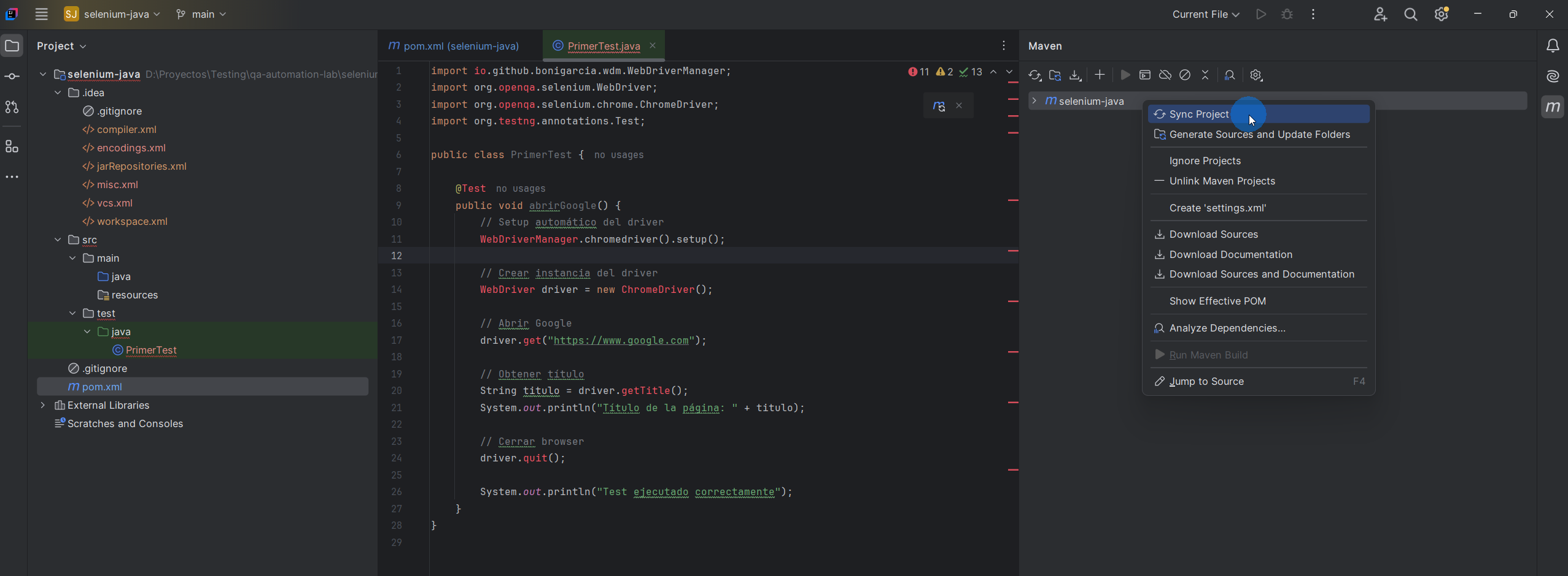 IntelliJ IDEA mostrando popup Load Maven Changes con opción para recargar dependencias y actualizar proyecto después de modificar pom.xml