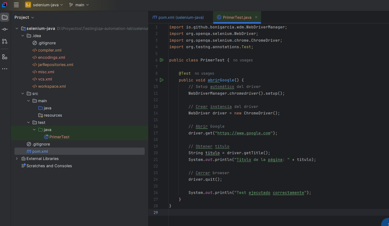 Código Java completo de PrimerTest en IntelliJ con imports de Selenium WebDriverManager y TestNG, método abrirGoogle que ejecuta primer test