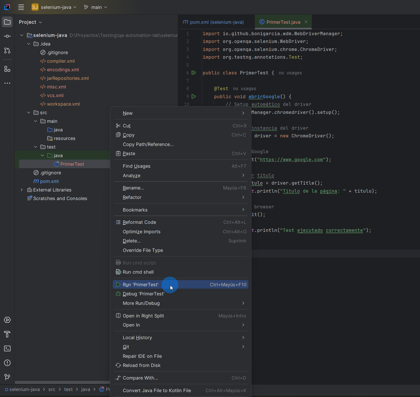 Menú contextual de IntelliJ IDEA mostrando opción Run PrimerTest seleccionada para ejecutar test con TestNG