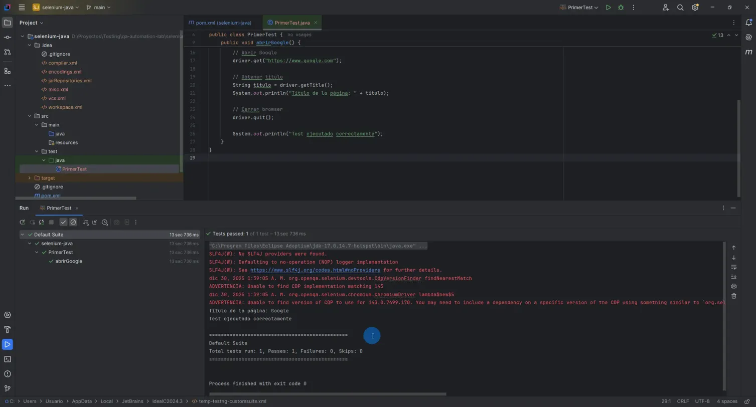 Consola IntelliJ mostrando ejecución exitosa de test con salida Título de la página: Google, TestNG reportando 1 test passed y exit code 0