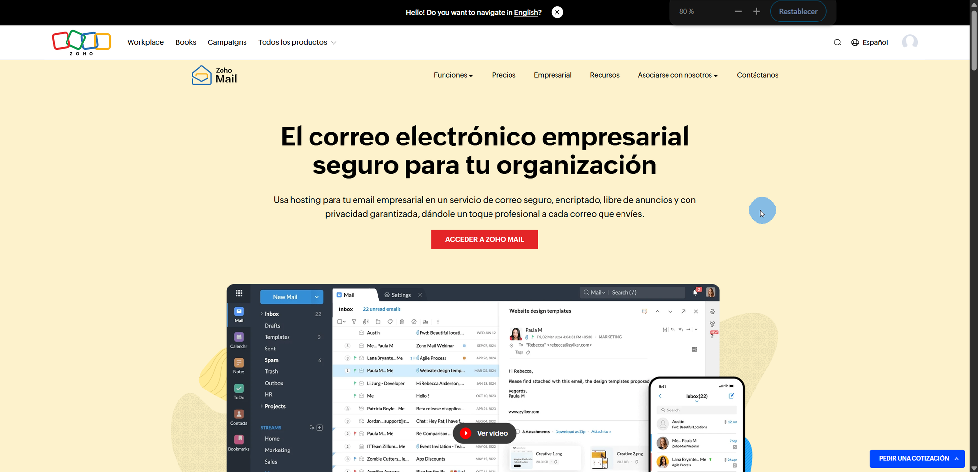 Página de Zoho Mail como servicio de correo para dominio propio