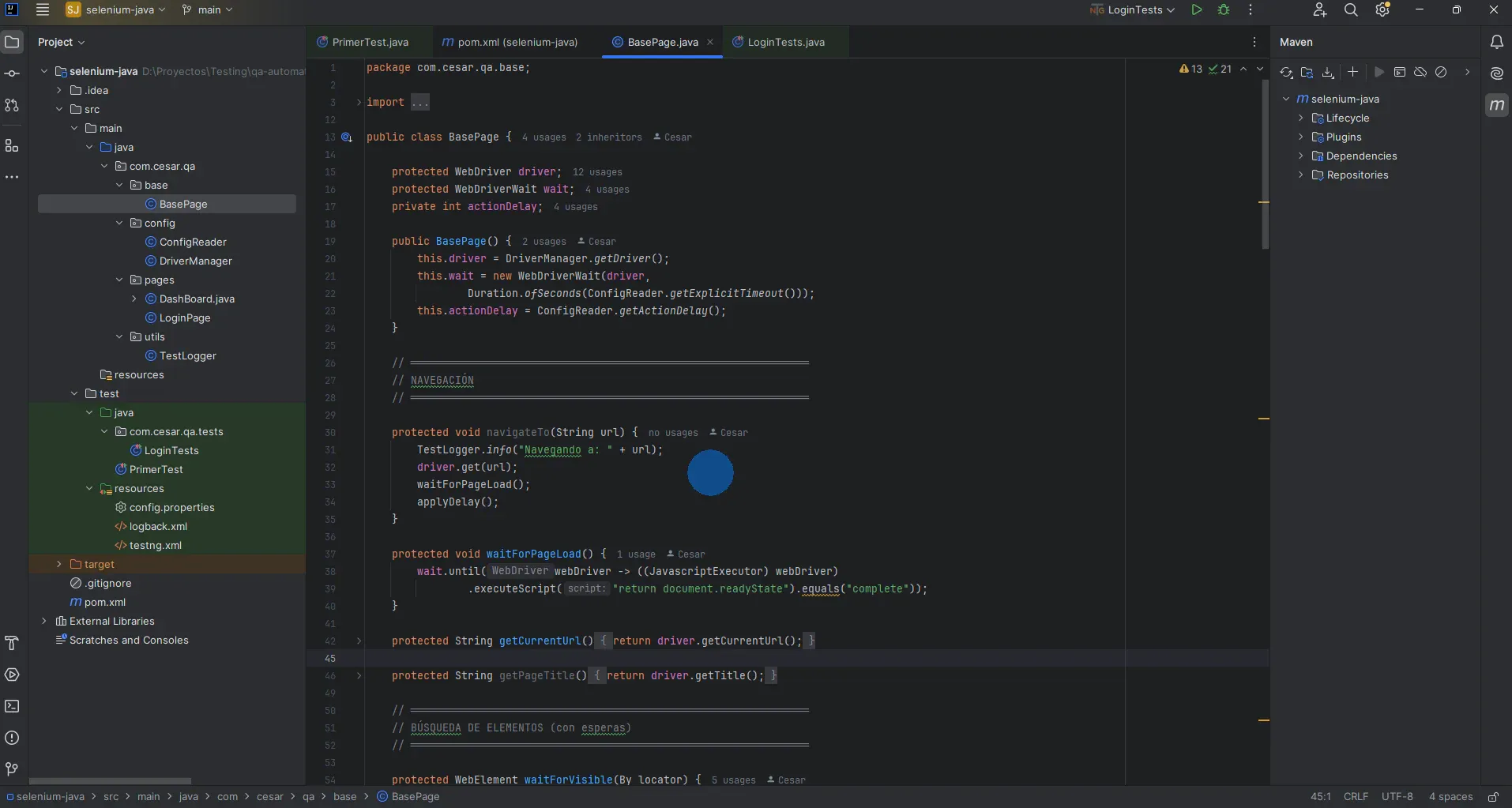 IntelliJ IDEA mostrando BasePage.java con más de 100 líneas de código, estructura de carpetas expandida con múltiples clases y archivos de configuración