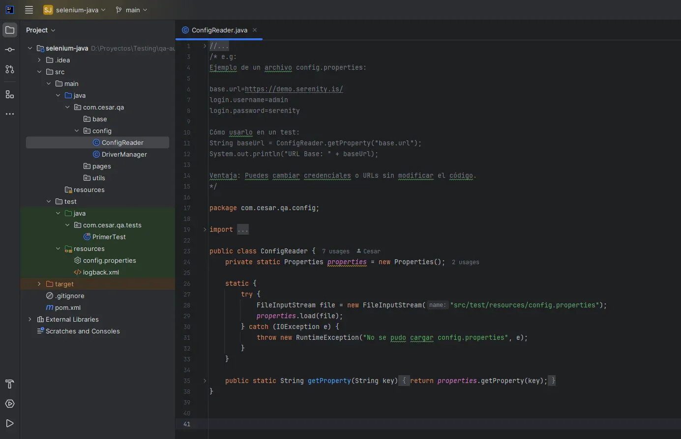 Clase ConfigReader.java en IntelliJ que lee propiedades desde config.properties usando FileInputStream y Properties