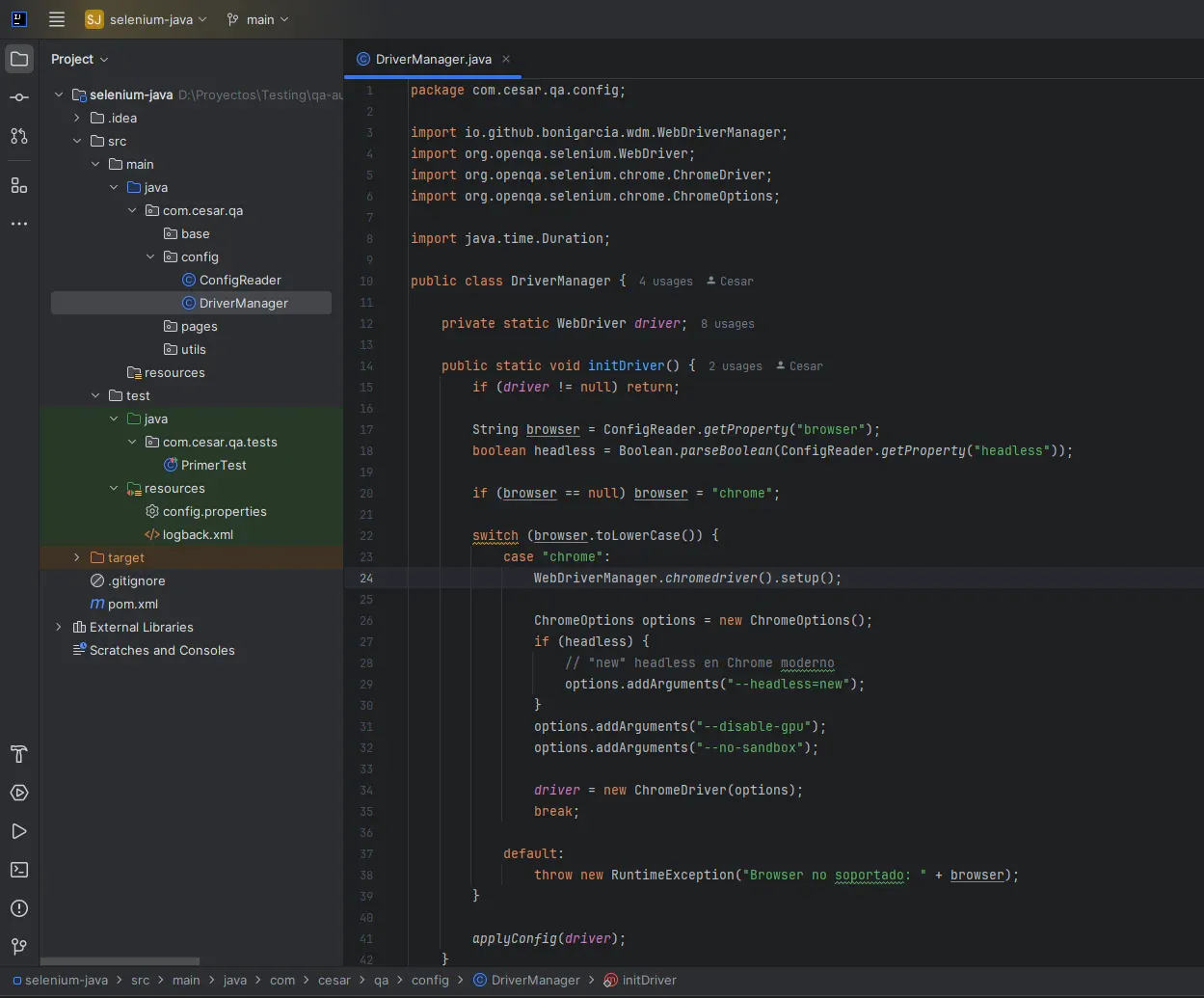 Clase DriverManager.java en IntelliJ con métodos initDriver, getDriver y quitDriver que centralizan la creación del WebDriver