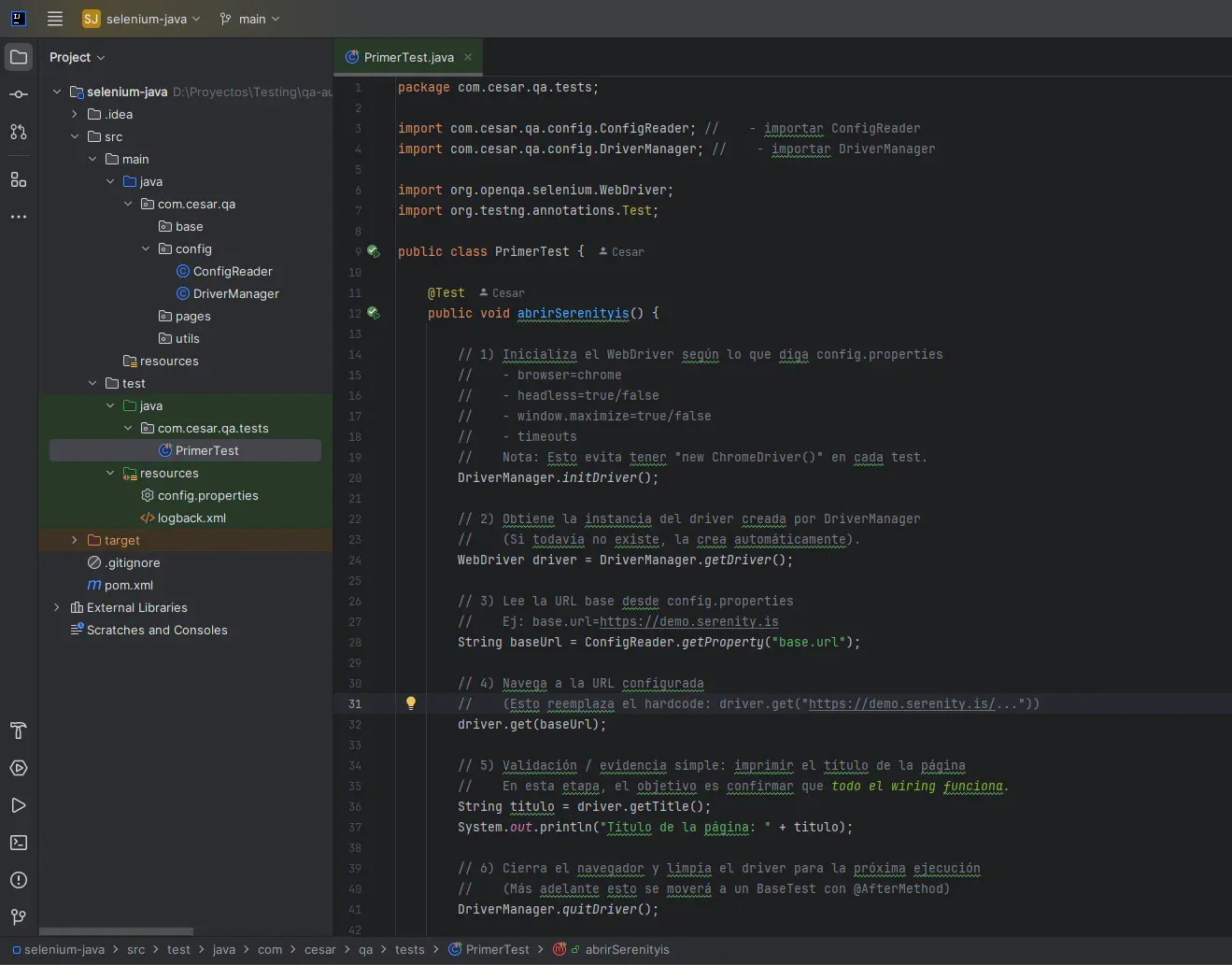 PrimerTest.java refactorizado usando DriverManager.initDriver(), DriverManager.getDriver() y ConfigReader.getProperty() en lugar de código hardcodeado