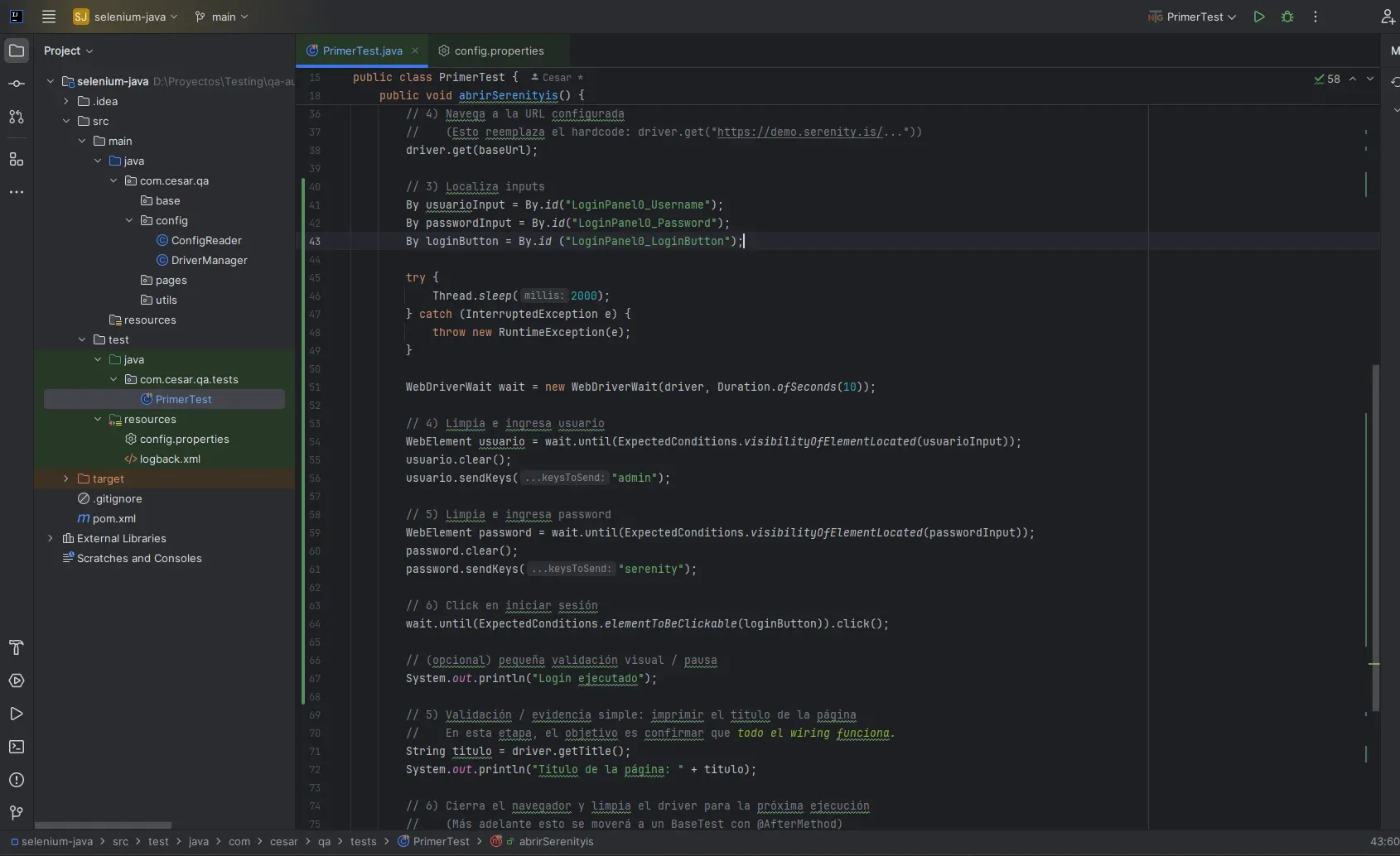 IntelliJ IDEA mostrando el código de PrimerTest.java con los localizadores By.id para usuario, password y botón de login