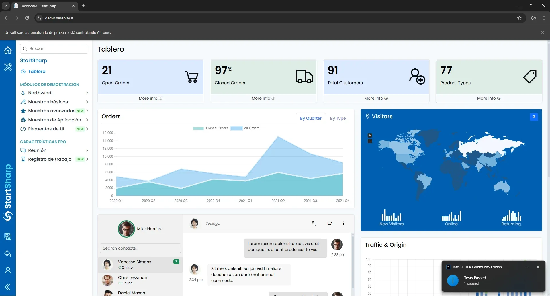 Dashboard de Serenity Demo después del login exitoso, mostrando métricas de Open Orders, Closed Orders, Total Customers y Product Types