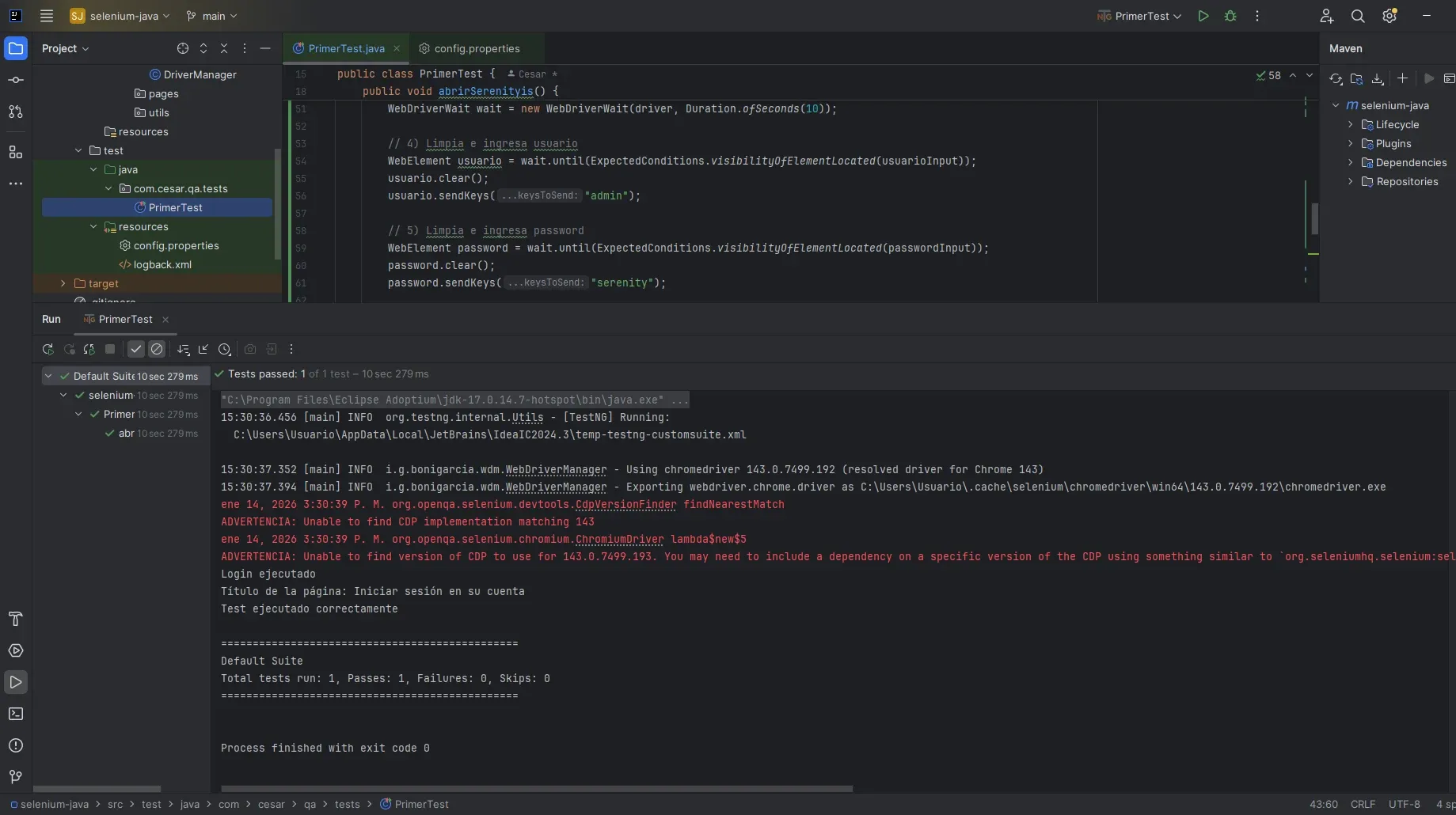 IntelliJ IDEA mostrando la consola de ejecución con el resultado del test: Tests passed 1, Failures 0, exit code 0