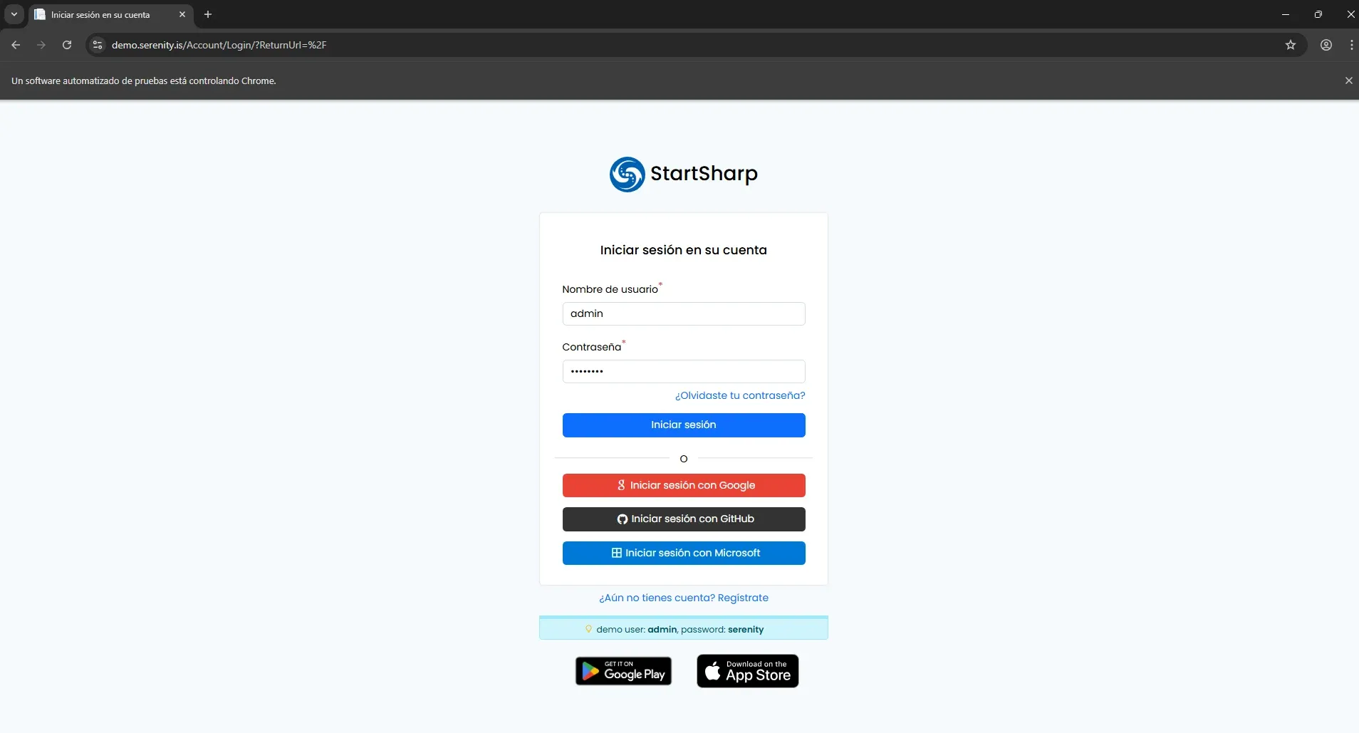 Navegador Chrome controlado por Selenium mostrando el formulario de login de Serenity Demo con credenciales ingresadas
