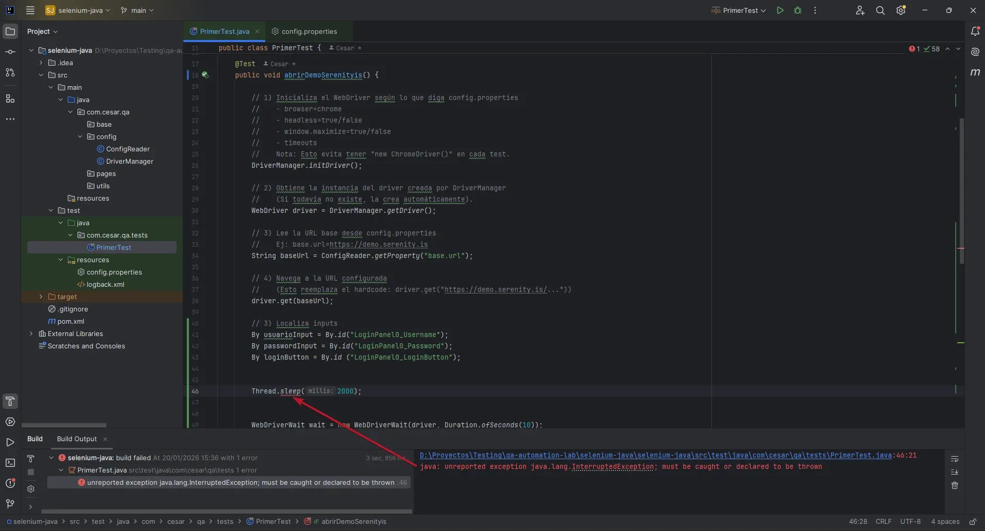 IntelliJ IDEA mostrando error de compilación en Thread.sleep: unreported exception InterruptedException must be caught or declared