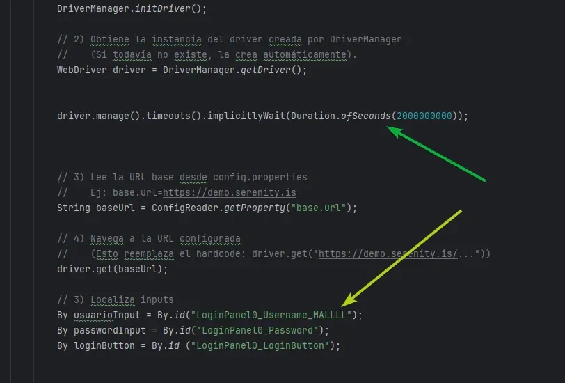 Código mostrando implicitlyWait configurado y un locator incorrecto LoginPanel0_Username_MALLLL para probar el comportamiento de la espera implícita