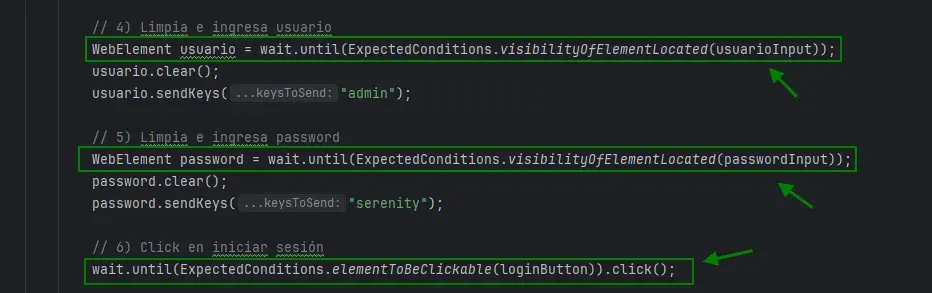Código Java usando WebDriverWait con visibilityOfElementLocated y elementToBeClickable, flechas verdes señalando cada condición