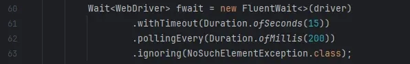 Vista de configuración de FluentWait con withTimeout, pollingEvery e ignoring.
