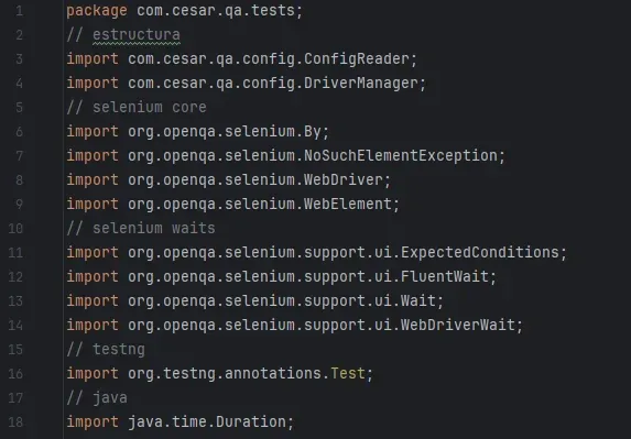 Imports de Java organizados por categorías: estructura del proyecto, Selenium core, Selenium waits, TestNG y Java Duration