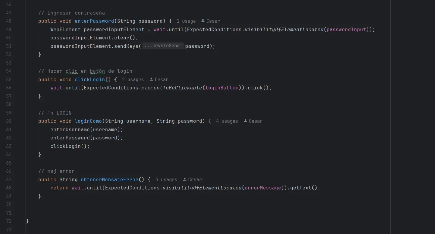Definición de locators en LoginPage usando private final By, organizados y documentados para mantenimiento del DOM.