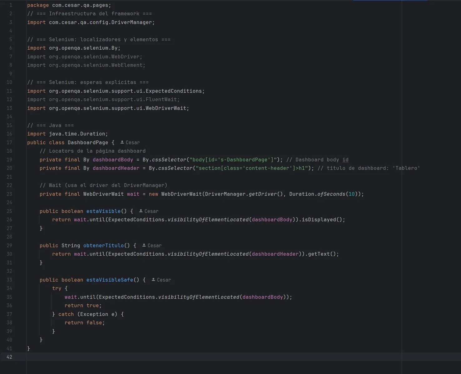 Clase DashboardPage con métodos para validar visibilidad y obtener texto usando WebDriverWait.