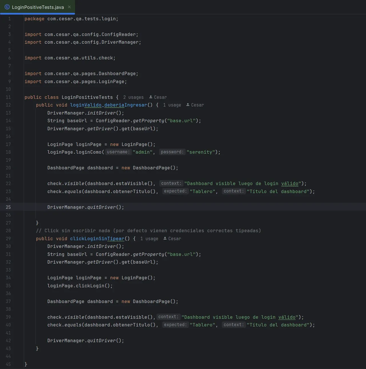 Test de login válido en Selenium usando Page Object Model, DriverManager y validaciones desacopladas.