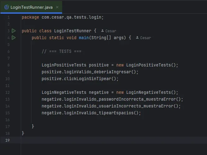 Clase LoginTestRunner ejecutando tests de login en orden desde el método main.