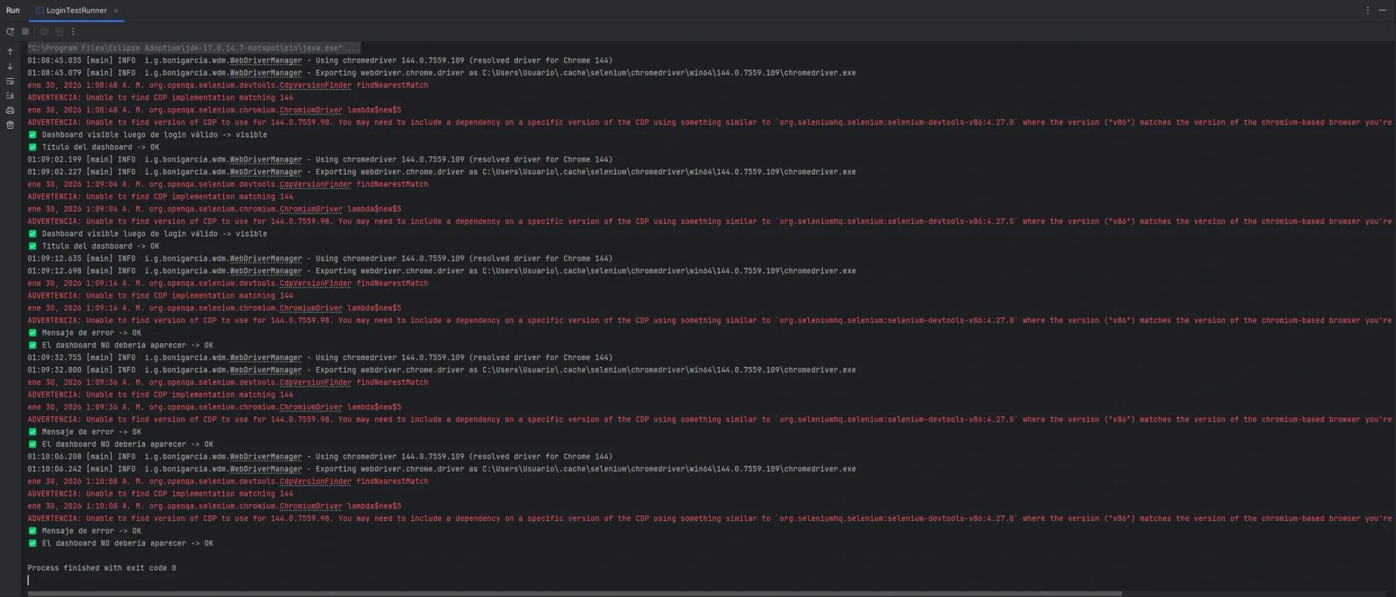 Salida de consola al ejecutar los tests Selenium mostrando logs, advertencias y resultados de validaciones.