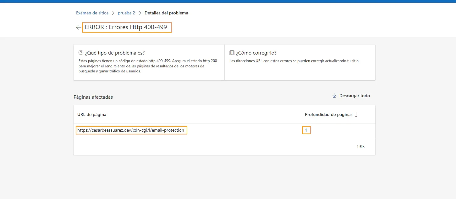 Bing Webmaster Tools mostrando detalle del error en URL https://cesarbeassuarez.dev/cdn-cgi/l/email-protection de tipo HTTP 400-499