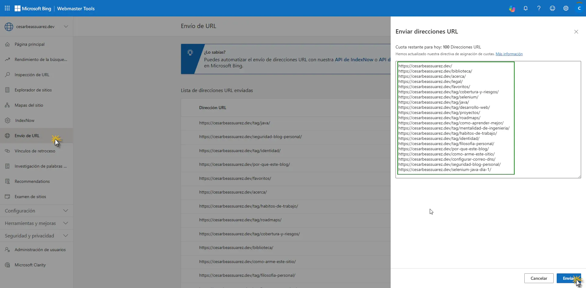 Bing Webmaster Tools panel de Envío de URL mostrando diálogo para enviar direcciones URL manualmente para acelerar indexación