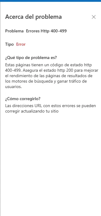 Panel de Bing Webmaster Tools explicando qué son los errores HTTP 400-499 y cómo corregirlos actualizando el sitio