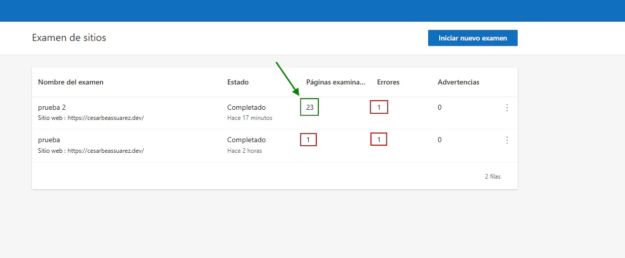 Bing Webmaster Tools Examen de sitios mostrando progreso de 1 a 23 páginas examinadas después de desactivar configuraciones de Cloudflare