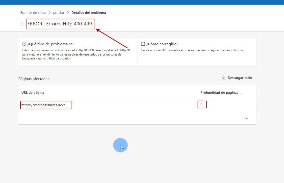 Bing Webmaster Tools mostrando error HTTP 400-499 en la URL https://cesarbeassuarez.dev/ con profundidad de páginas 0