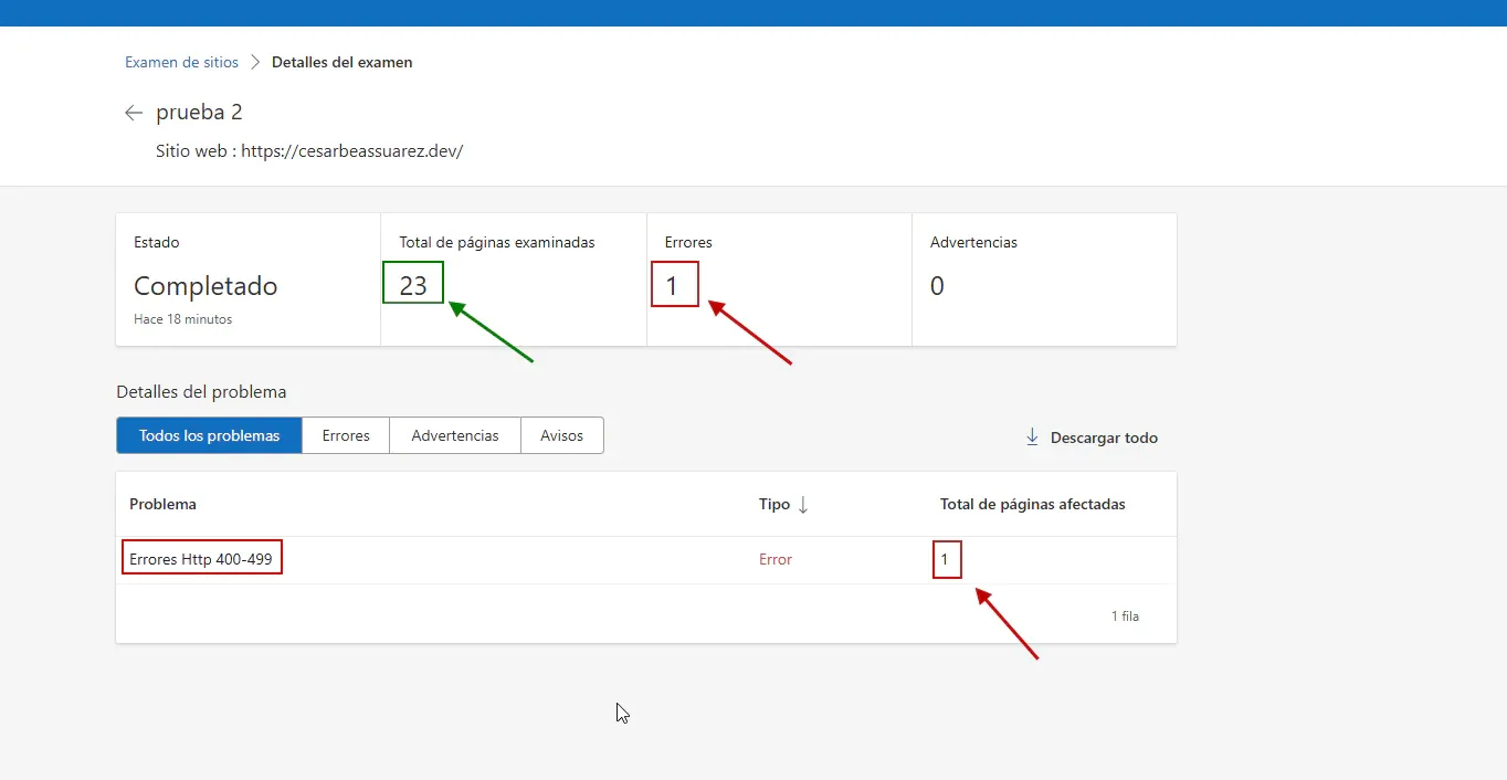 Bing Webmaster Tools mostrando examen completado con 23 páginas examinadas y 1 error HTTP 400-499 destacados con flechas