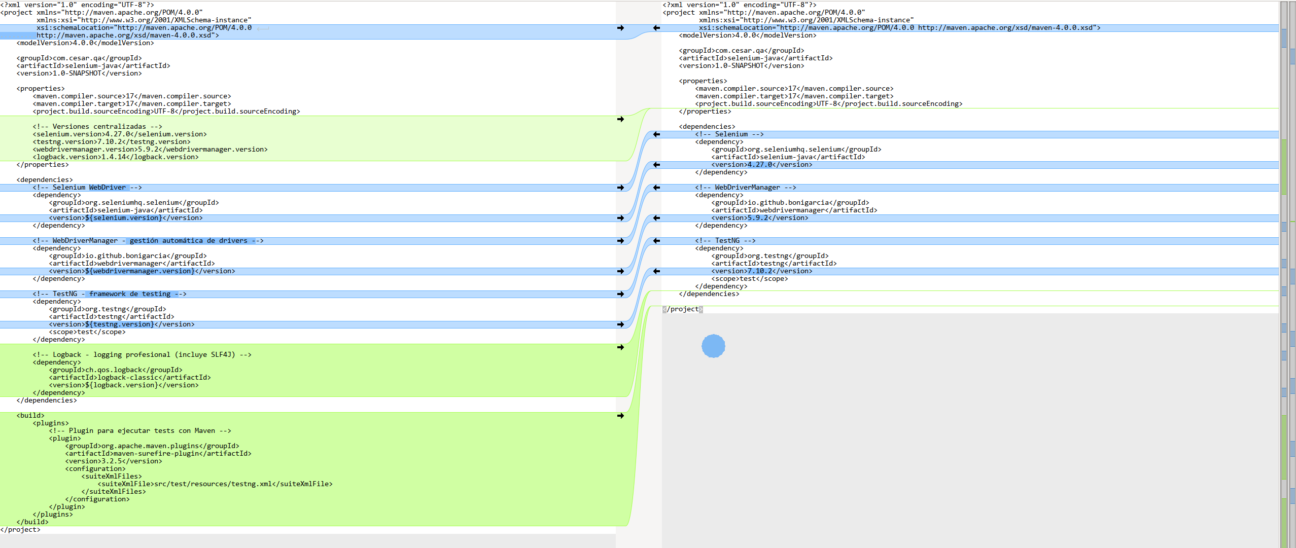 Comparación lado a lado del pom.xml: a la izquierda con properties centralizadas usando variables como ${selenium.version}, a la derecha con versiones hardcodeadas directamente en cada dependencia. Flechas conectan las partes equivalentes mostrando la diferencia de enfoque.